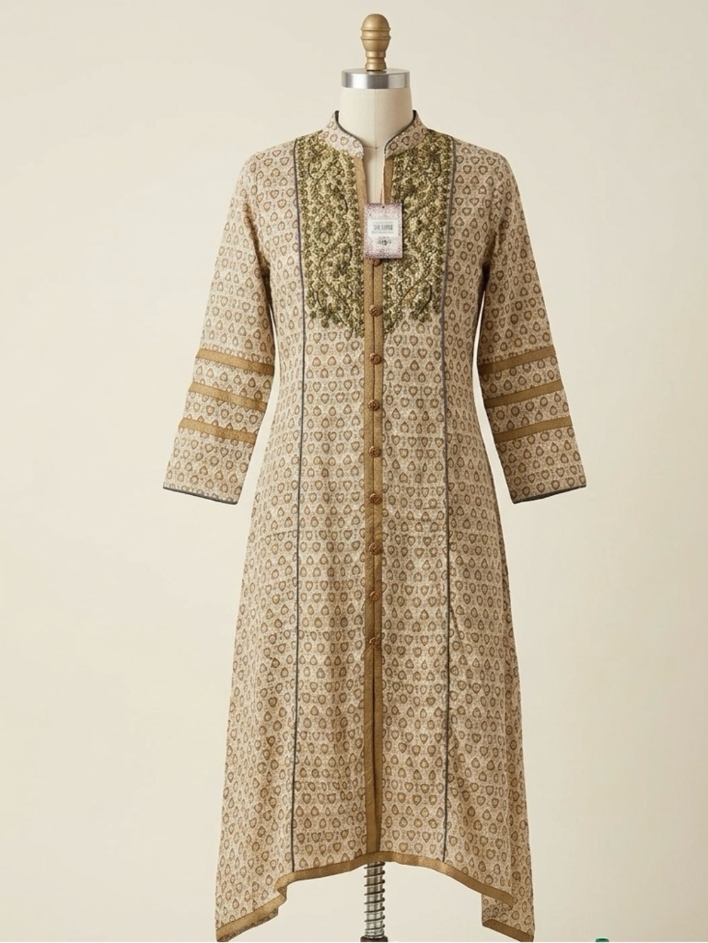 Beige Printed Women's Long Tunic with Gold Trim